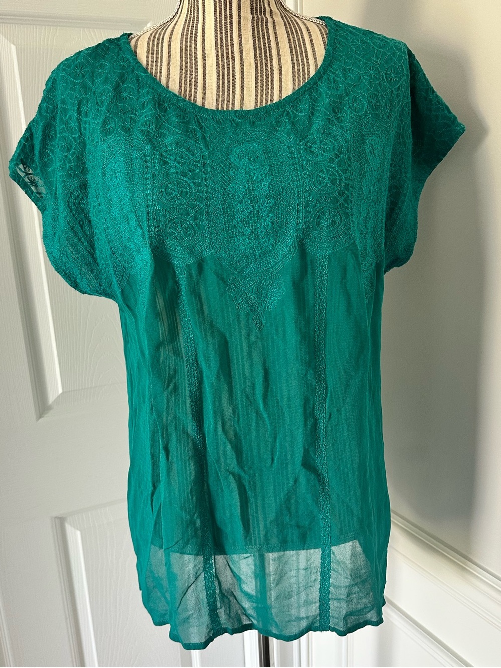 Maeve Anthropologie Teal Embroidered Sheer Blouse Top Large